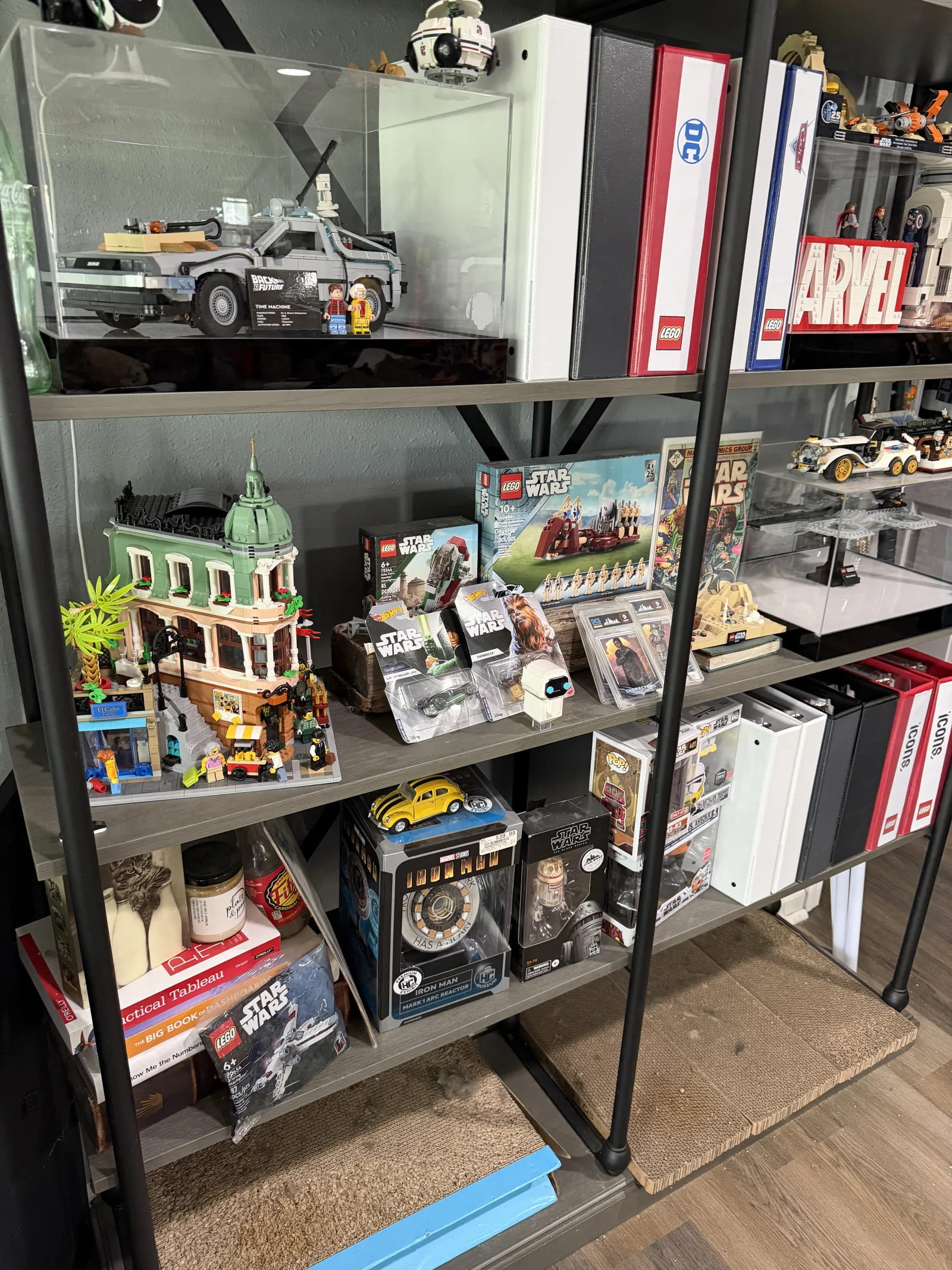 Marvel and DC collection shelves